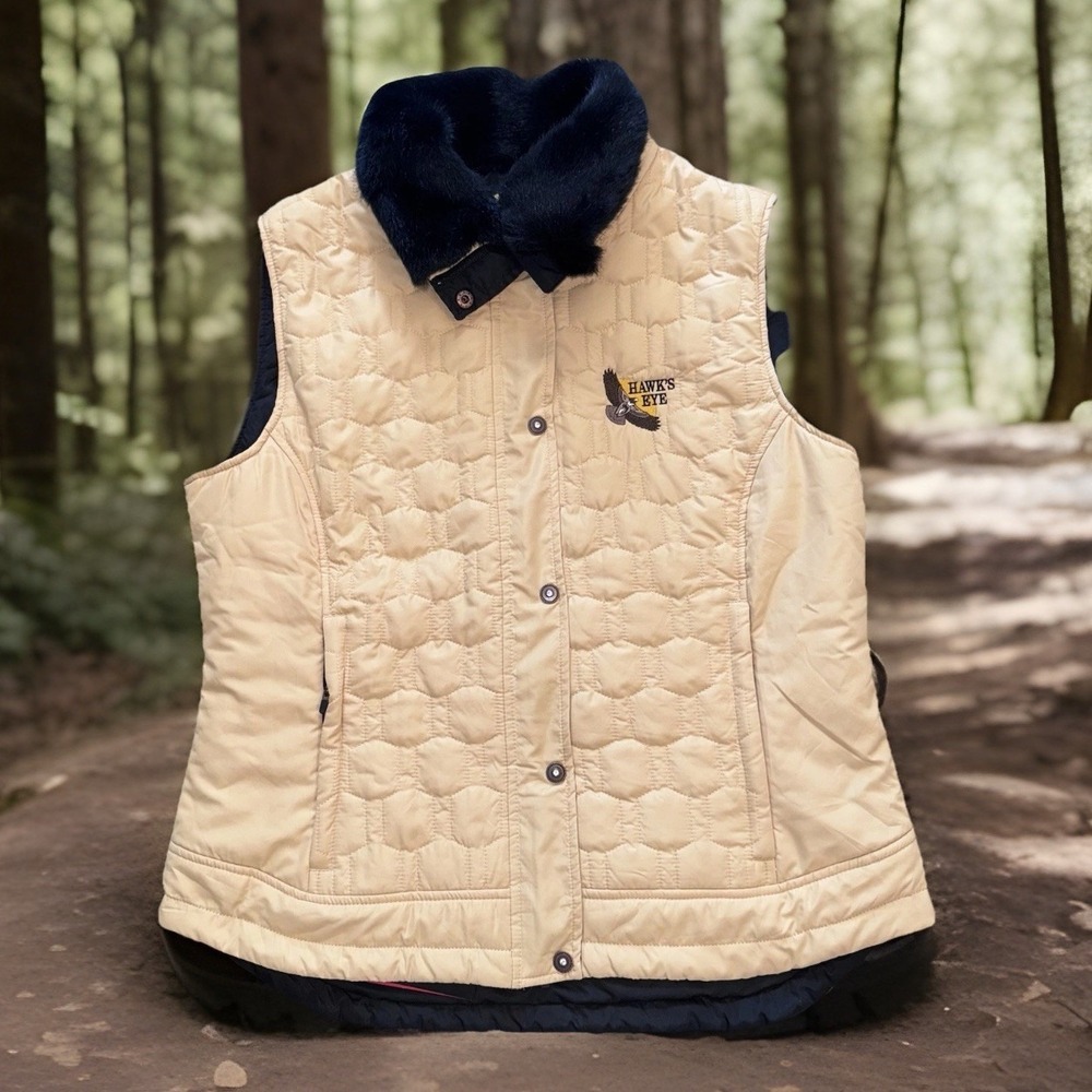 Sun Mountain Weatherproof Puffer Vest Women's XL Zip/Button Up Fur Collar Hiking